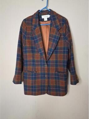 VTG All Week Long Women's 100% Wool Plaid Blazer Size 12 Shoulder Pads USA Made